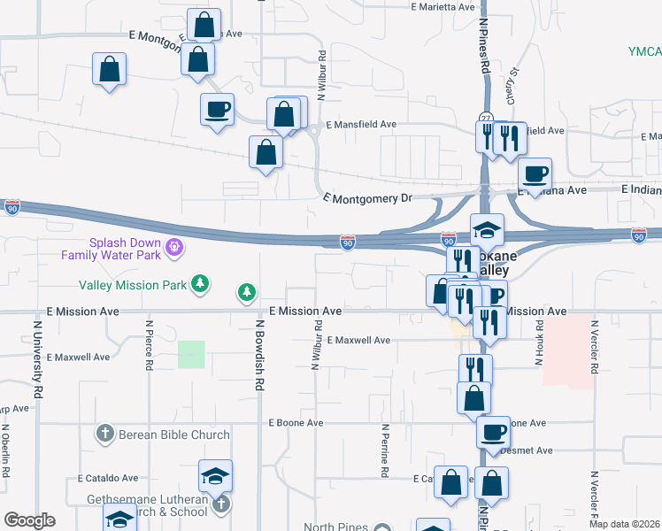 map of restaurants, bars, coffee shops, grocery stores, and more near 1710 North Wilbur Road in Spokane Valley