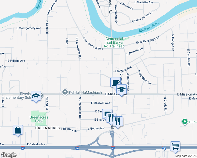map of restaurants, bars, coffee shops, grocery stores, and more near 1711 North McKee Road in Spokane Valley
