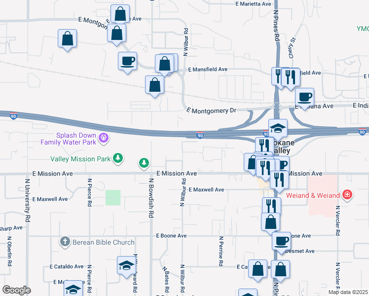map of restaurants, bars, coffee shops, grocery stores, and more near 1710 North Wilbur Road in Spokane Valley