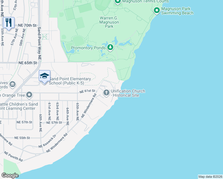 map of restaurants, bars, coffee shops, grocery stores, and more near 6655 Northeast Windermere Road in Seattle