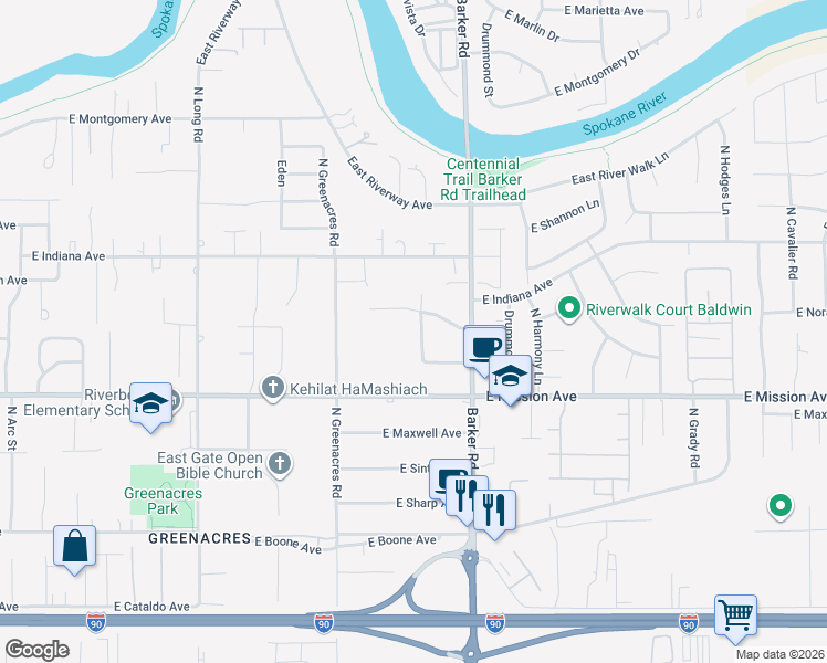 map of restaurants, bars, coffee shops, grocery stores, and more near 1711 North McKee Road in Spokane Valley