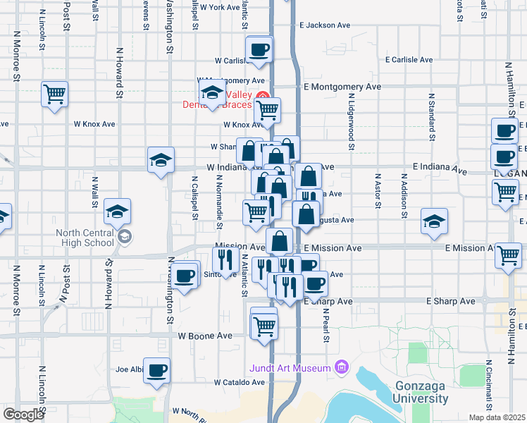 map of restaurants, bars, coffee shops, grocery stores, and more near 1712 North Division Street in Spokane