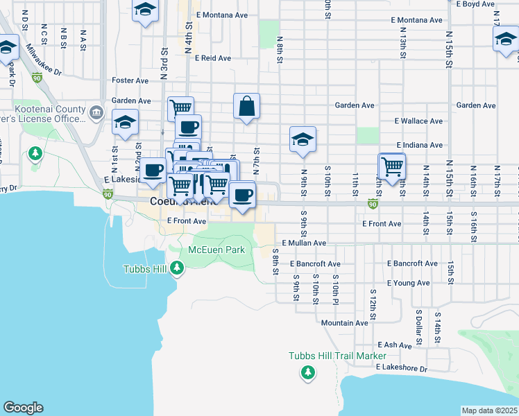 map of restaurants, bars, coffee shops, grocery stores, and more near 704 Sherman Avenue in Coeur d'Alene