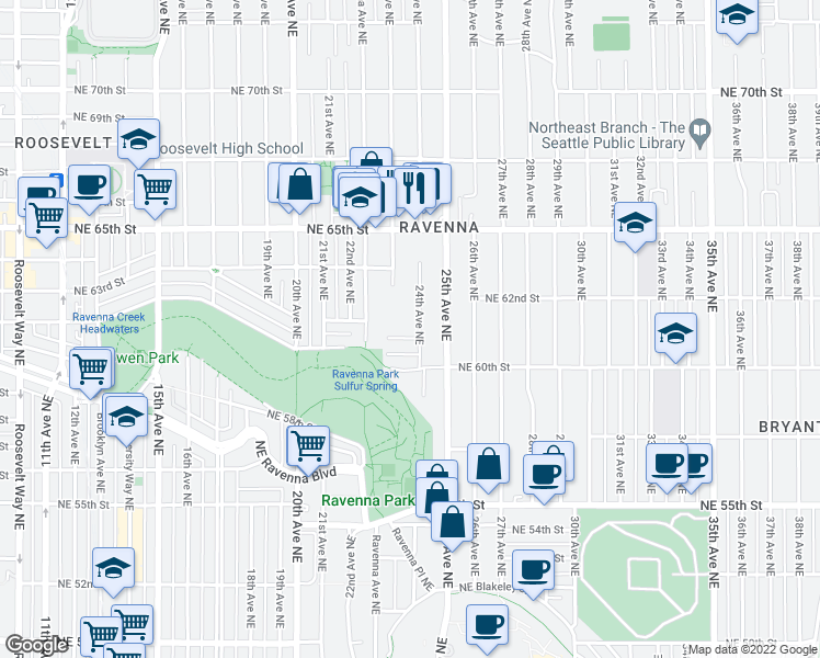 map of restaurants, bars, coffee shops, grocery stores, and more near 2278 Northeast 61st Street in Seattle