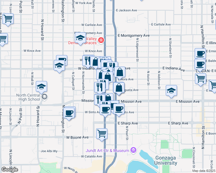 map of restaurants, bars, coffee shops, grocery stores, and more near 1712 North Division Street in Spokane