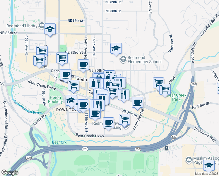 map of restaurants, bars, coffee shops, grocery stores, and more near 16640 Redmond Way in Redmond