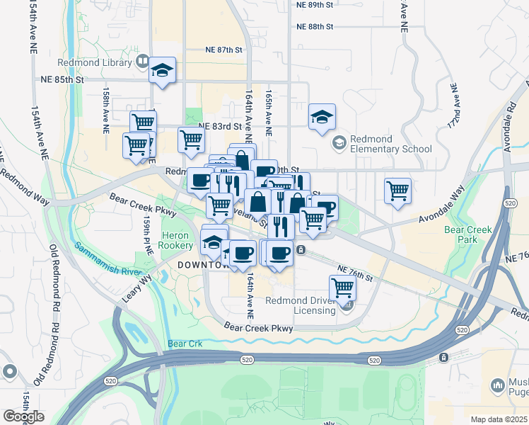 map of restaurants, bars, coffee shops, grocery stores, and more near 16421 Redmond Way in Redmond