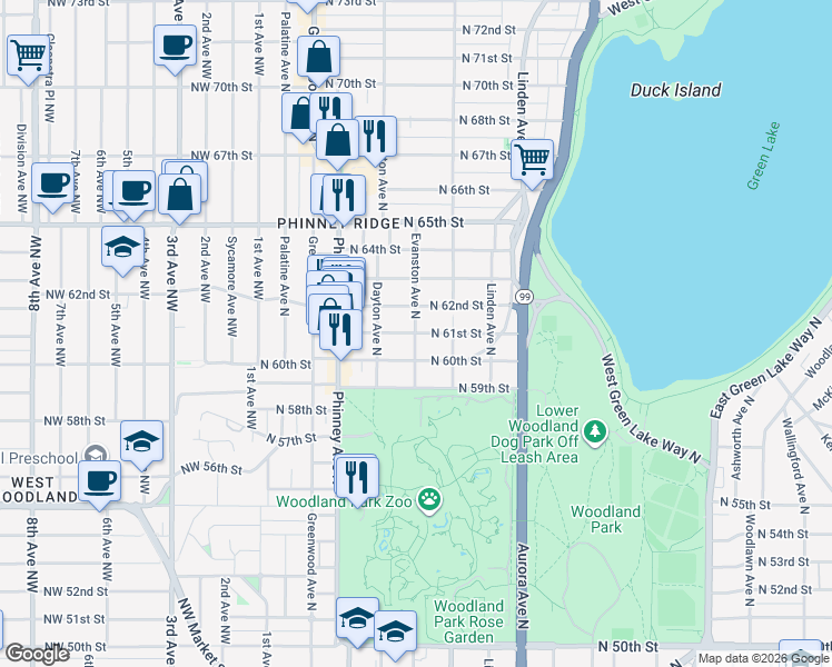 map of restaurants, bars, coffee shops, grocery stores, and more near Evanston Avenue North & North 61st Street in Seattle