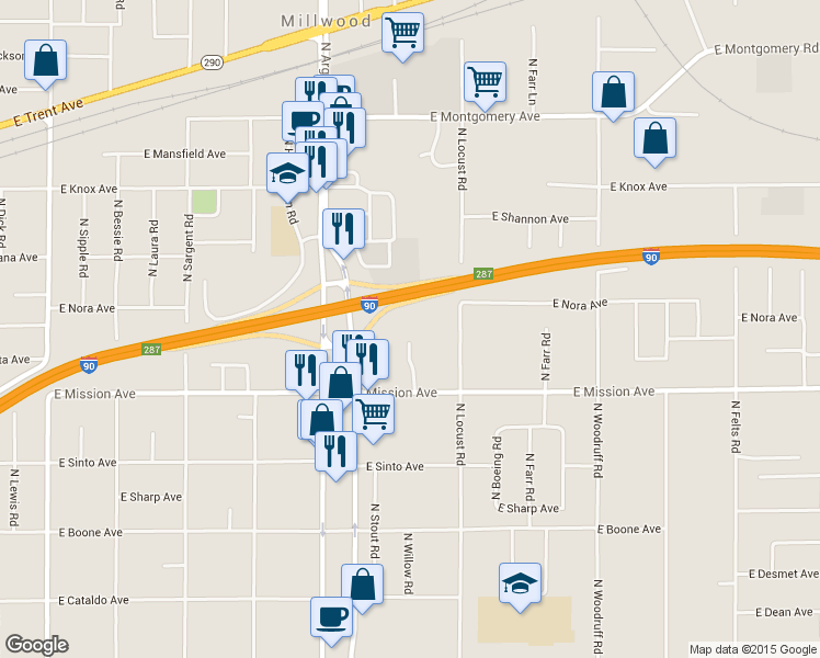 map of restaurants, bars, coffee shops, grocery stores, and more near 1716 North Willow Road in Spokane Valley