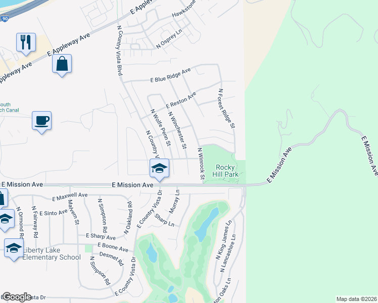 map of restaurants, bars, coffee shops, grocery stores, and more near 1779 North Winchester Street in Liberty Lake