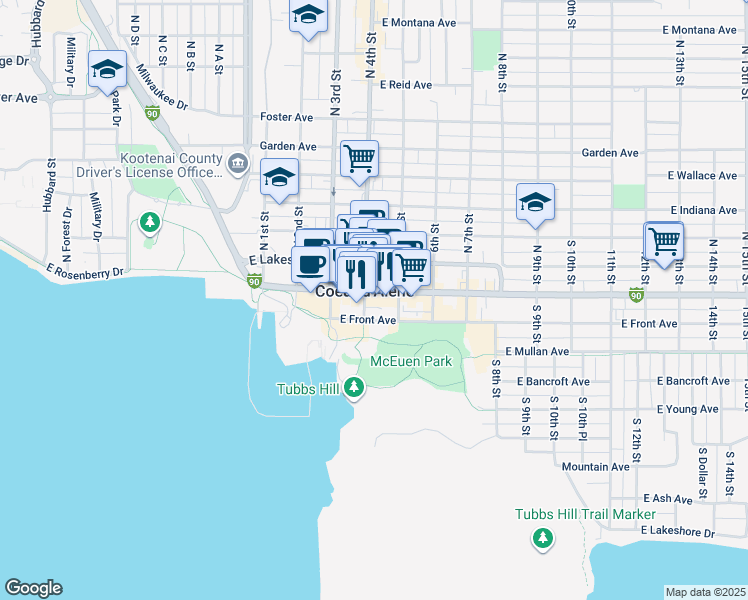 map of restaurants, bars, coffee shops, grocery stores, and more near in Coeur d'Alene