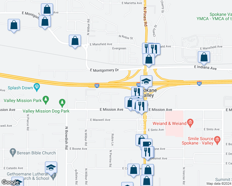 map of restaurants, bars, coffee shops, grocery stores, and more near 1716 North Union Road in Spokane Valley