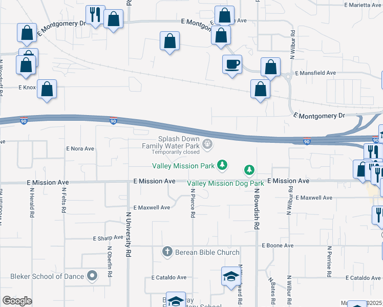 map of restaurants, bars, coffee shops, grocery stores, and more near 11023 East Augusta Court in Spokane Valley