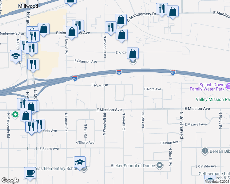 map of restaurants, bars, coffee shops, grocery stores, and more near 1716 North Walnut Road in Spokane Valley
