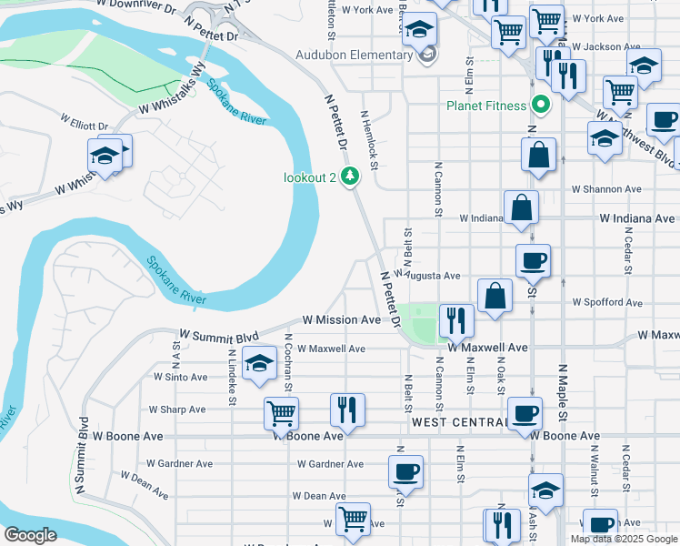 map of restaurants, bars, coffee shops, grocery stores, and more near 1716 North West Point Road in Spokane