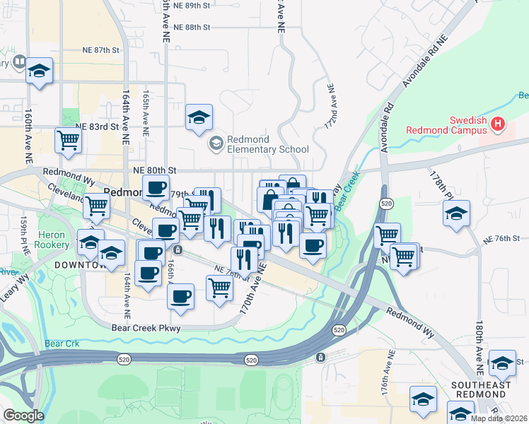 map of restaurants, bars, coffee shops, grocery stores, and more near 7805 170th Place Northeast in Redmond