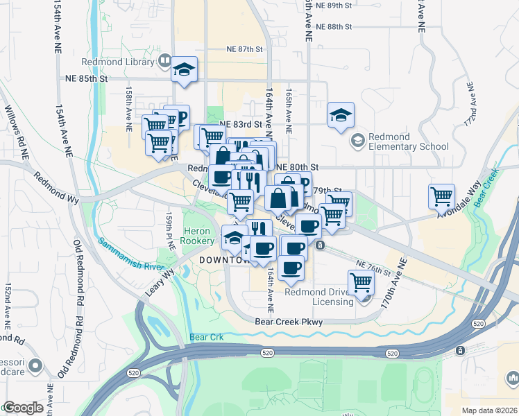 map of restaurants, bars, coffee shops, grocery stores, and more near 7800 Gilman Street in Redmond