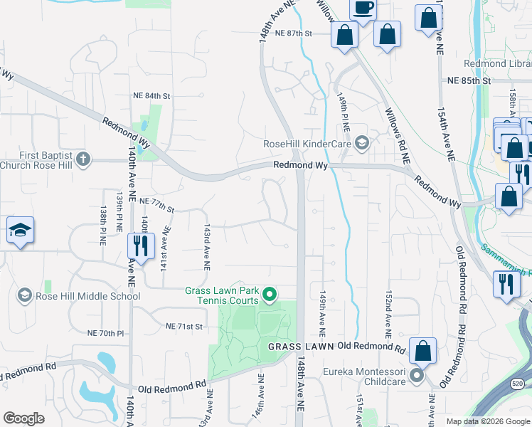 map of restaurants, bars, coffee shops, grocery stores, and more near 7605 146th Avenue Northeast in Redmond