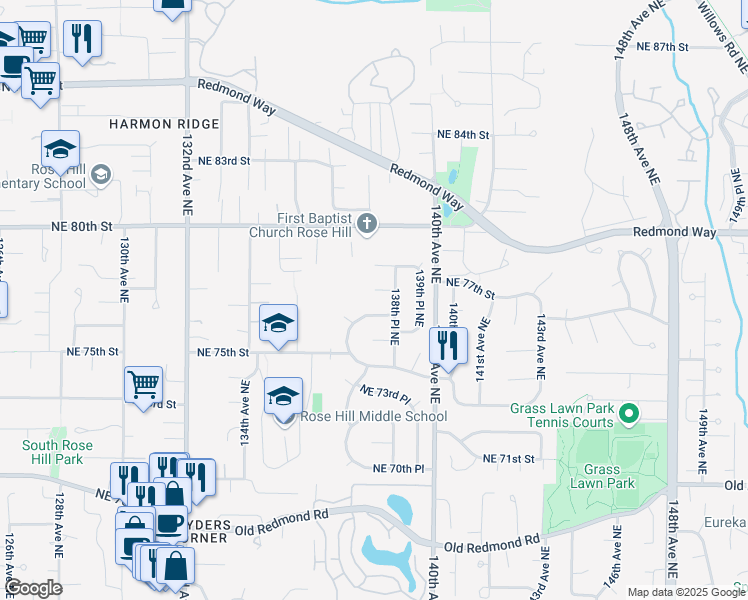 map of restaurants, bars, coffee shops, grocery stores, and more near 13786 Northeast 76th Place in Redmond