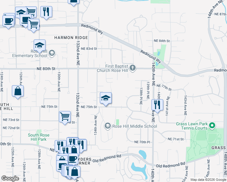 map of restaurants, bars, coffee shops, grocery stores, and more near 7624 135th Place Northeast in Redmond