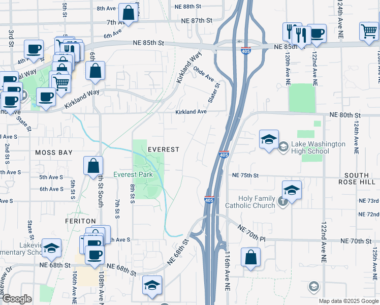 map of restaurants, bars, coffee shops, grocery stores, and more near 7615 115th Place Northeast in Kirkland
