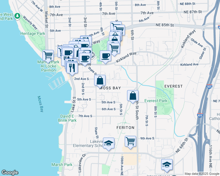 map of restaurants, bars, coffee shops, grocery stores, and more near 350 4th Avenue South in Kirkland
