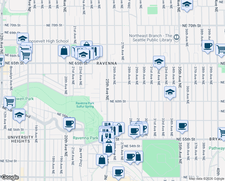 map of restaurants, bars, coffee shops, grocery stores, and more near 6026 26th Avenue Northeast in Seattle