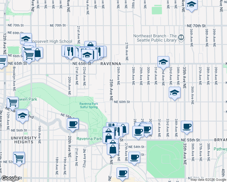 map of restaurants, bars, coffee shops, grocery stores, and more near 6027 25th Avenue Northeast in Seattle