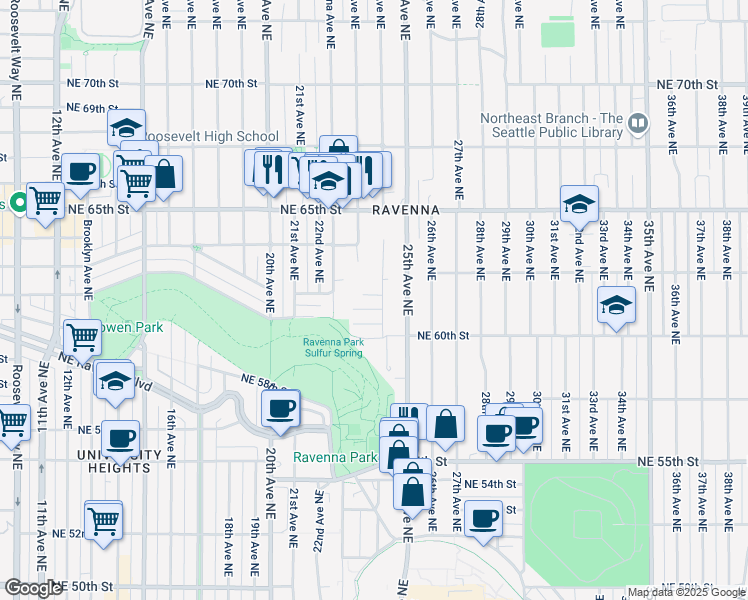 map of restaurants, bars, coffee shops, grocery stores, and more near 2278 Northeast 61st Street in Seattle