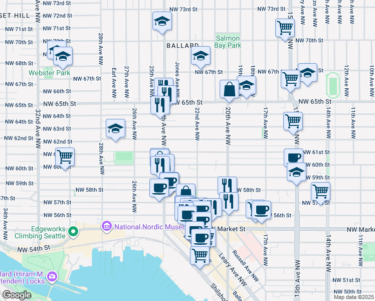 map of restaurants, bars, coffee shops, grocery stores, and more near 6027 22nd Avenue Northwest in Seattle