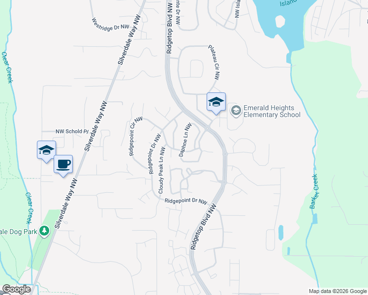 map of restaurants, bars, coffee shops, grocery stores, and more near 12101 Daphne Lane Northwest in Silverdale