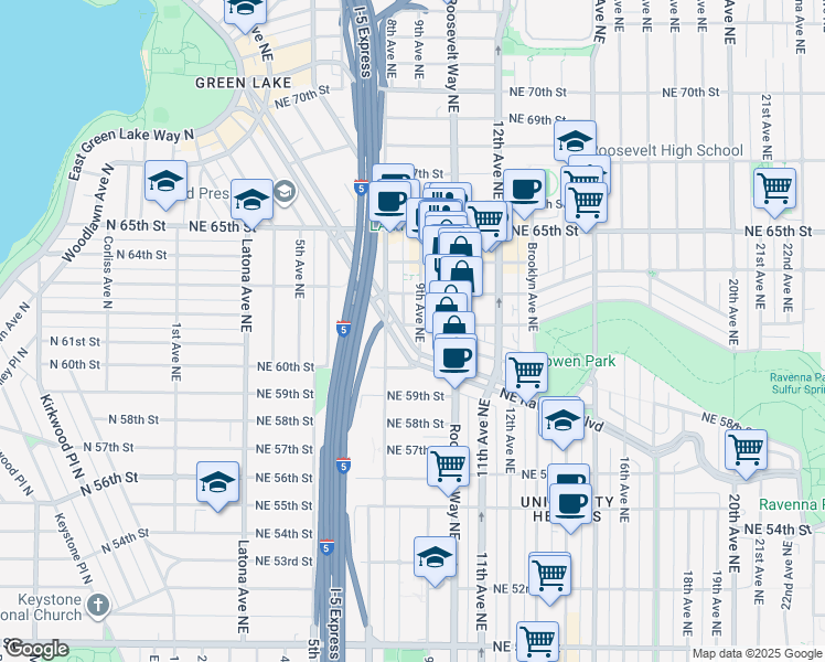 map of restaurants, bars, coffee shops, grocery stores, and more near 842 Northeast Ravenna Boulevard in Seattle