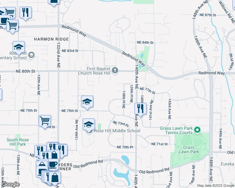 map of restaurants, bars, coffee shops, grocery stores, and more near 13786 Northeast 76th Place in Redmond