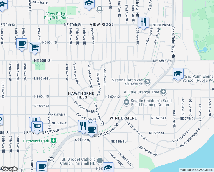 map of restaurants, bars, coffee shops, grocery stores, and more near 6038 50th Avenue Northeast in Seattle