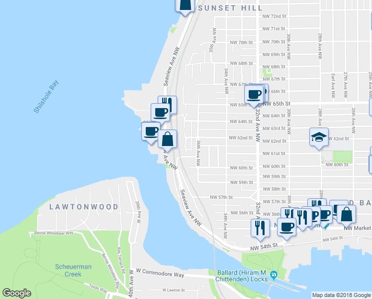 map of restaurants, bars, coffee shops, grocery stores, and more near 6102 37th Avenue Northwest in Seattle