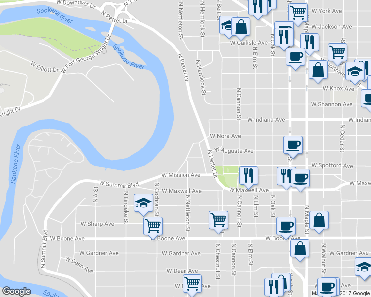 map of restaurants, bars, coffee shops, grocery stores, and more near 1715 NW Point Rd in Spokane