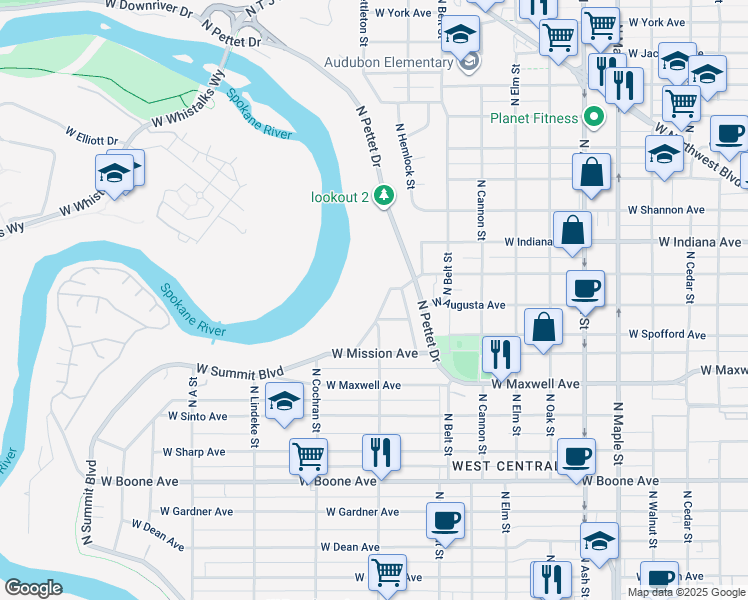 map of restaurants, bars, coffee shops, grocery stores, and more near 1715 North West Point Road in Spokane