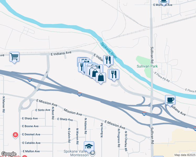 map of restaurants, bars, coffee shops, grocery stores, and more near 14700 East Indiana Avenue in Spokane Valley