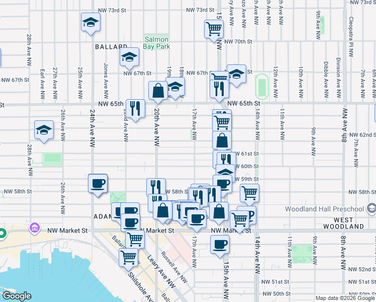 map of restaurants, bars, coffee shops, grocery stores, and more near 1710 Northwest 61st Street in Seattle