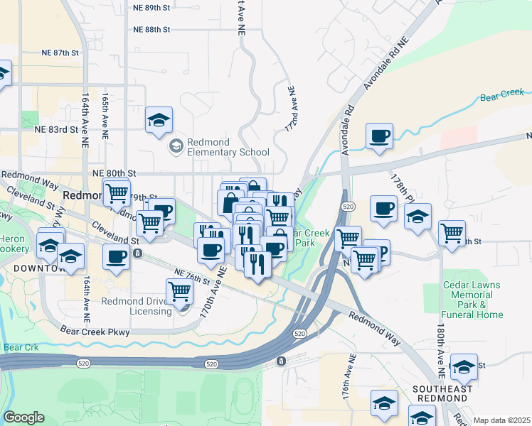 map of restaurants, bars, coffee shops, grocery stores, and more near 17160 Avondale Way in Redmond