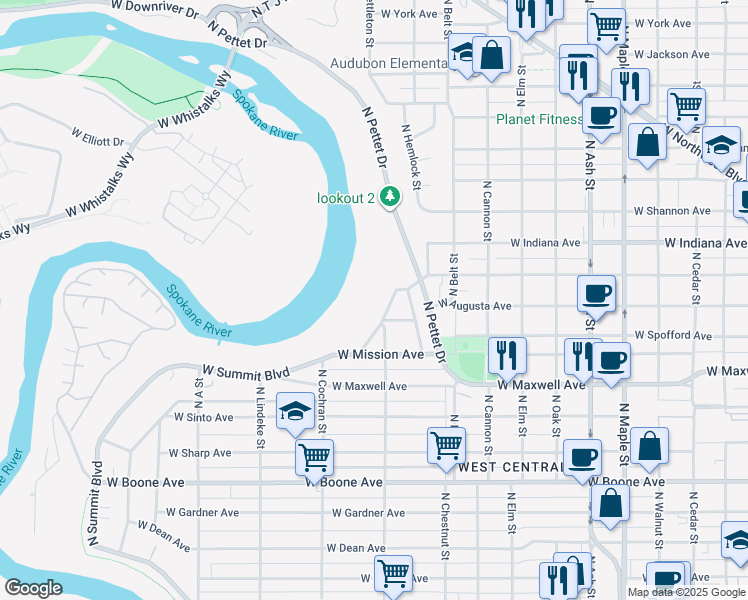 map of restaurants, bars, coffee shops, grocery stores, and more near 1715 North West Point Road in Spokane