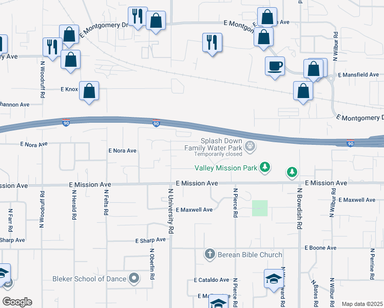 map of restaurants, bars, coffee shops, grocery stores, and more near 10810 East Nora Avenue in Spokane Valley