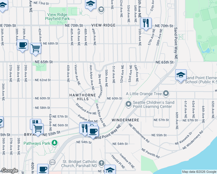 map of restaurants, bars, coffee shops, grocery stores, and more near 6038 50th Avenue Northeast in Seattle
