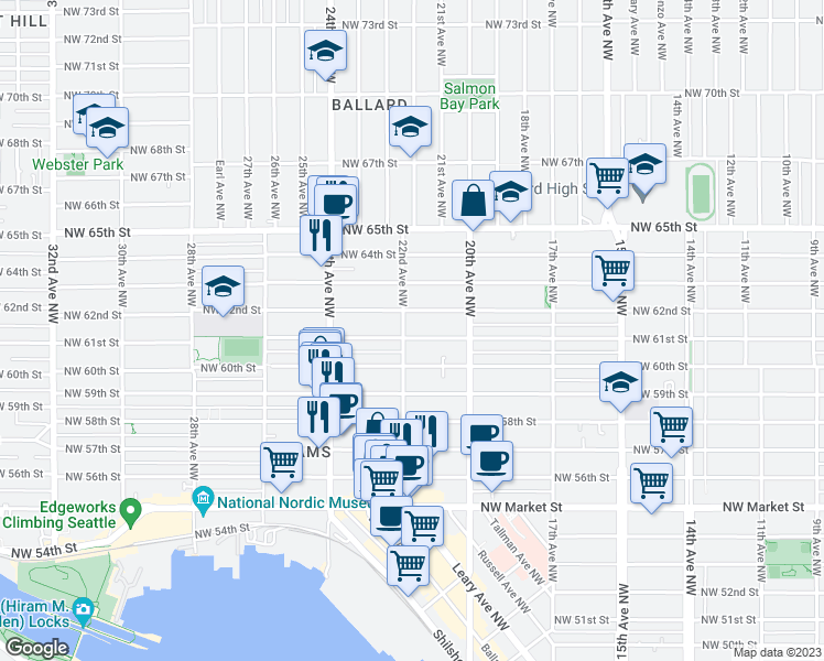 map of restaurants, bars, coffee shops, grocery stores, and more near 2048 Northwest 61st Street in Seattle