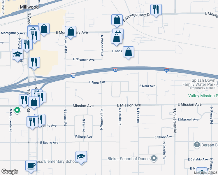 map of restaurants, bars, coffee shops, grocery stores, and more near 1712 North Woodruff Road in Spokane Valley