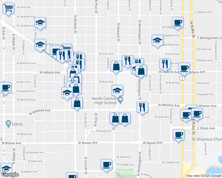 map of restaurants, bars, coffee shops, grocery stores, and more near 623 West Augusta Avenue in Spokane
