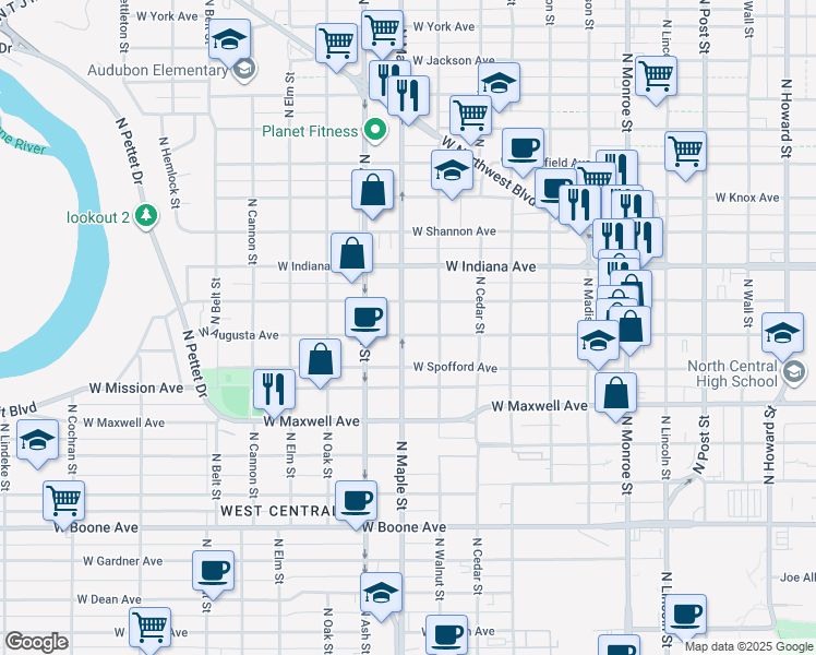 map of restaurants, bars, coffee shops, grocery stores, and more near 1519 West Augusta Avenue in Spokane