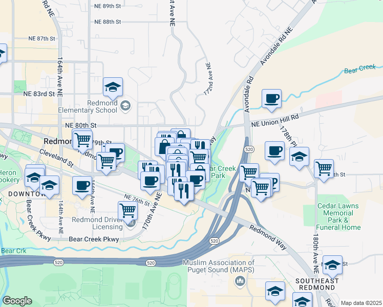 map of restaurants, bars, coffee shops, grocery stores, and more near 17160 Avondale Way in Redmond