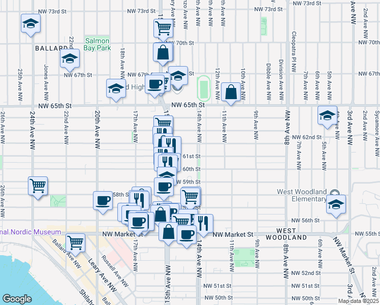 map of restaurants, bars, coffee shops, grocery stores, and more near 1419 Northwest 61st Street in Seattle