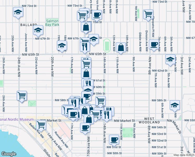 map of restaurants, bars, coffee shops, grocery stores, and more near 1419 Northwest 61st Street in Seattle